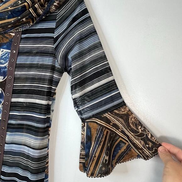 ANAC Women Mesh Abstract Print Dress cowl Neck Sz L Boho Art 90s Y2K bell Sleeve - Picture 10 of 12